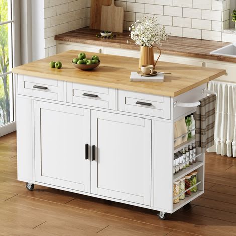 Isola cucina 120 x 45(70) x 84 cm con piano ribaltabile, porte USB, cassetti e rotelle, MDF naturale - bianco (1/5)