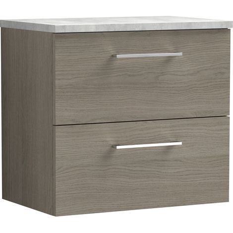 Nuie Arno Wall Hung 2-Drawer Vanity Unit with Bellato Grey Worktop 600mm Wide - Solace Oak Woodgrain (1/5)