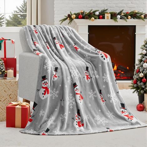 Couverture de Noël Bonhomme de Neige Gris (130x150cm), Couverture Flanelle Douce, Décoration de Noël Chaude et Shaggy, Couverture de Canapé Douillette (1/5)