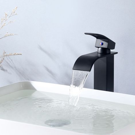 Auralum Mitigeur Robinet de Lavabo Cascade Noir Moderne Mitigeur Robinet Salle Bain pour Vasque à Poser Robinetterie Convient pour le lavabo au-dessus du Comptoir (1/5)