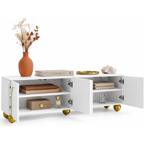 Meuble TV blanc et doré avec 4 portes sculptées, 5 pieds arrondis, ouverture push-to-open, charnières silencieuses et rangements intérieurs, 170 cm CHICFURN (1/5)