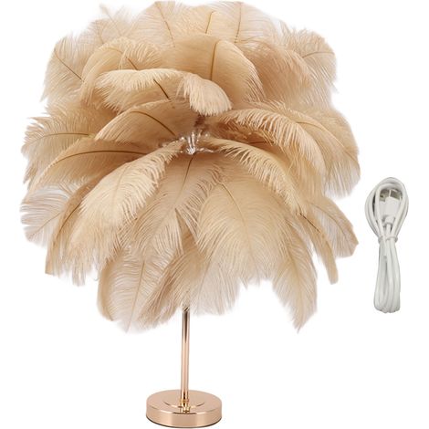 Lampe de table rechargeable en plumes d'autruche, lampe de chevet moderne et romantique, lumière beige clair. (1/5)