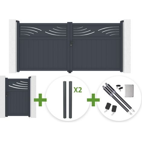 Portail battant HALTI 3.4m H.160cm aluminium gris + 4 poteaux ELDA + Portillon 1m HALTI H.160cm aluminium gris + motorisation Ranger B150 (1/5)