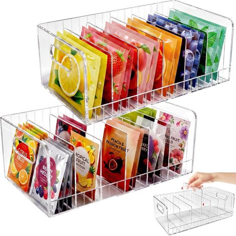 Set di 2 organizer trasparenti per il tè, scatola portaoggetti con 24 divisori regolabili, montaggio a parete o su piano, salvaspazio, materiale PS rinforzato da 4 mm, viti e cacciavite inclusi. (1/5)