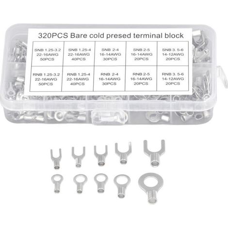 320 pièces Kit de connecteurs à fourche à anneau Cosses de fil non isolées Bornes de câble de batterie Fourche à sertir en cuivre électrique ronde,DUBUNS