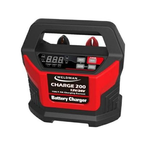 WELDMAN, modello CHARGE 200, caricabatterie da 12V/24V de, ideale per auto, camion e macchinari, ricarica efficiente, protezione termica, portatile e facile da de utilizzare.