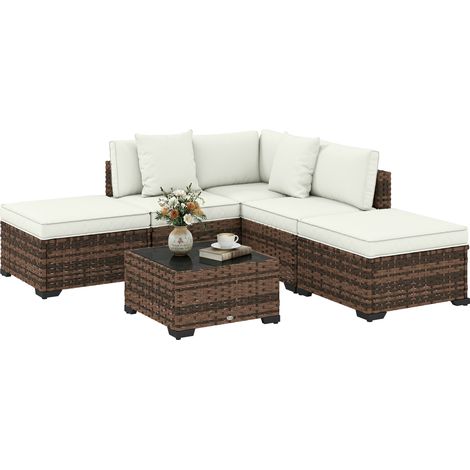Ensemble de jardin ext. en rotin 6 pièces comp. une chaise d'angle, 2 chaises sans accoudoirs, un repose-pieds et une table (marron) (1/5)