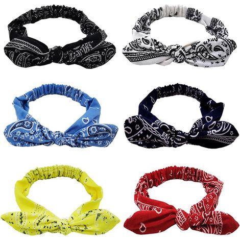 6-Piece Bandana Headbands for Women and Girls, Stretchable Hair Accessories, Retro Boho Print Bow Headband, Elastic Rabbit Ear Headband with Flower Print for Girls and Women (1/5)