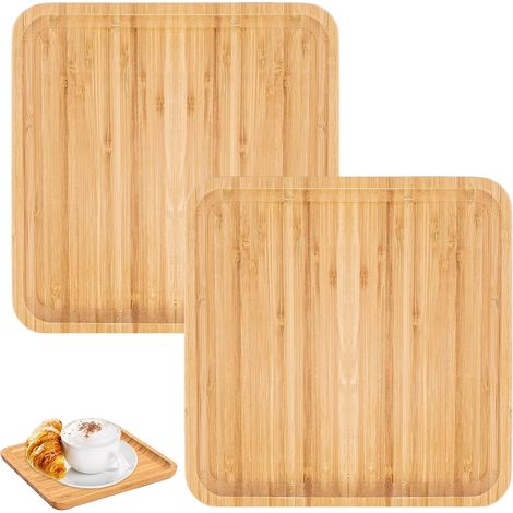 Juego de 2 bandejas cuadradas de bambú (20 x 20 x 1,5 cm), bandeja cuadrada de bambú para servir, bandeja de madera para café, té y postres, ideal para bodas y cumpleaños.