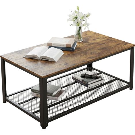 Table basse industrielle avec étagère en fil métallique et pieds réglables (1/5)