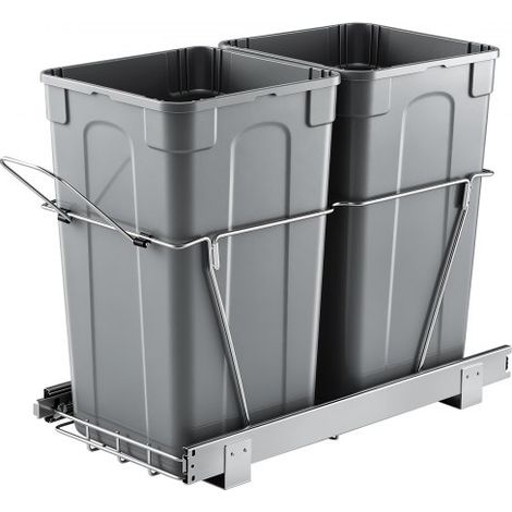 Poubelle Coulissante sous Évier et sous Plan avec Grande Capacité de 2x24,85 L, Collecteur de Déchets de Cuisine avec Poignée, Système de Tri Sélectif pour Placard Meuble Bas, Restaurant, Gris (1/3)