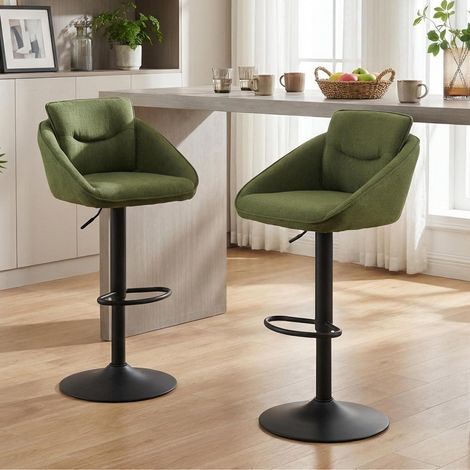 Lot de 2 tabourets de bar en lin vert, réglables en hauteur, pivotants, avec dossier et repose-pieds (1/5)