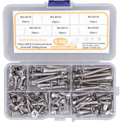 Lot de 130 vis à tête plate cruciforme inox M4.8 auto-perceuses antirouille pour fibre de verre (1/5)