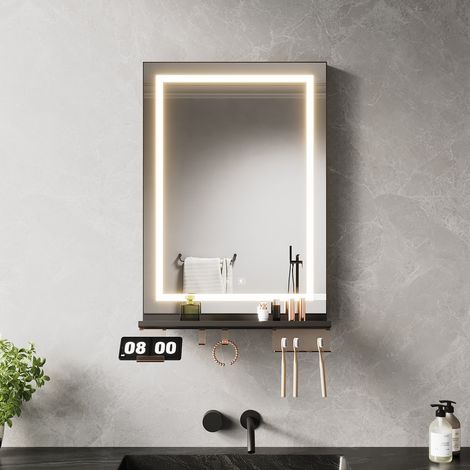 SONNI Modern LED Badspiegel mit Beleuchtung, Antibeschlag, Schwarze Ablage und Dimmbarer 3-Farben Beleuchtung, 500x700mm