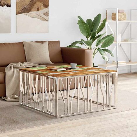 vidaXL Table basse argenté acier inoxydable/bois massif récupération (1/5)