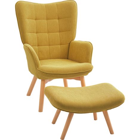 Fauteuil inclinable velours côtelé orange avec tabouret, pieds bois, salon