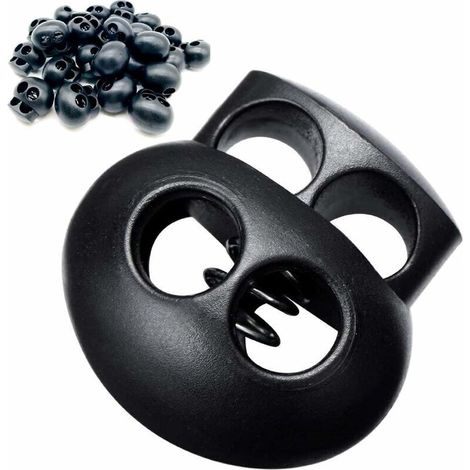 Lot de 40 verrous en plastique à double trou à ressort ovale pour sac à dos avec cordon de serrage Noir