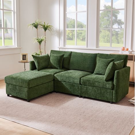 Divano angolare modulare 216x161x81 cm verde in ciniglia con pouf mobile e 4 cuscini (1/5)