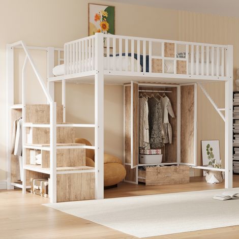 Lit mezzanine 140/200 cm blanc en métal et bois avec dressing amovible et échelle de rangement (1/5)