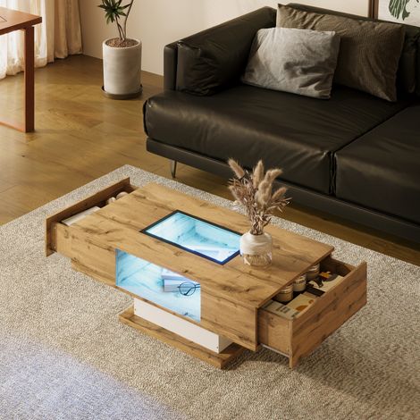 Mesa de centro con LED de color, 2 cajones, tablero de vidrio, blanco y madera natural HAVRYA (1/5)