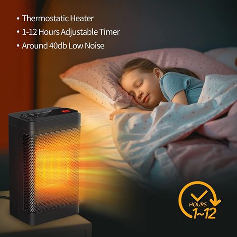Riscaldatore ausiliario da 1200W/1500W, termoventilatore a basso consumo energetico, timer da 12 ore, oscillazione a 70°, protezione contro il surriscaldamento e il ribaltamento, ideale per camera da (1/4)