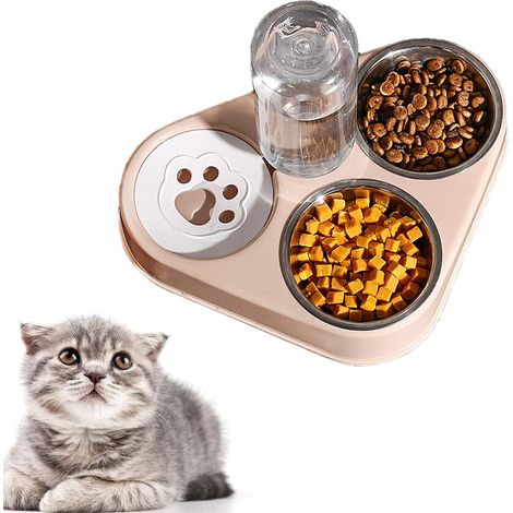 Double Gamelle Chat et Chien Surélevée, Chat,Bol pour Animaux de Compagnie 3-en-1 avec Stockage d'eau Automatique,Bol Acier Inoxydable pour Animaux pour Les Chats et Les Chiots (1/5)