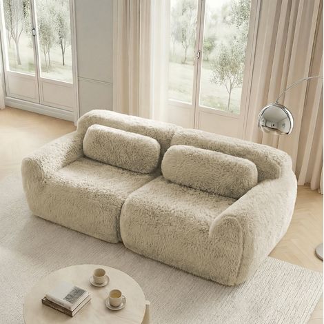 Divano a 2 posti in tessuto effetto peluche, design modulare senza struttura, beige chiaro (1/5)