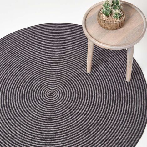 HOMESCAPES Handgewebter Teppich mit Spiralemuster in grau und schwarz, 120 cm rund