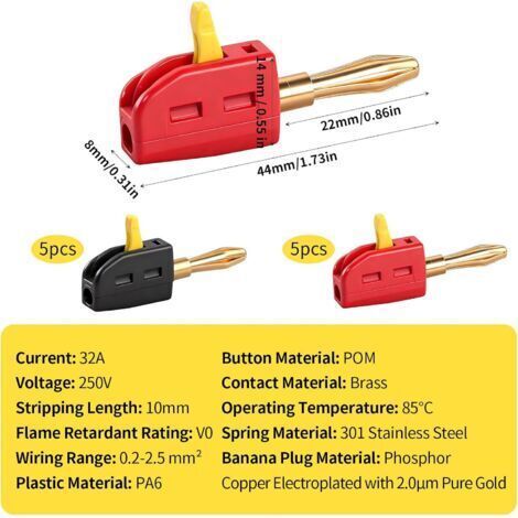 Lot de 10 fiches bananes 4 mm - 32 A - Pour haut-parleurs, courant élevé - Connecteur rapide - Plaqué or - Rouge et noir (1/4)