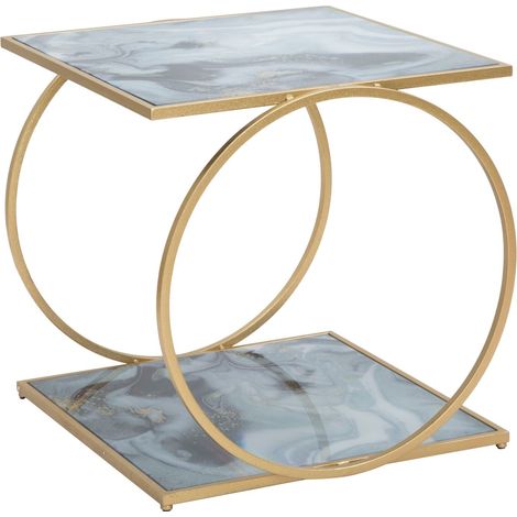 Tavolinetto Glam 2 Level 52,5x50x51 cm in Ferro MDF e Vetro Oro e Multicolor (1/5)