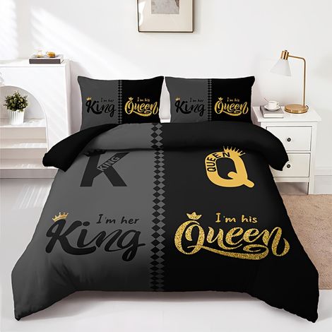Parure de housse de couette 3 pièces noire et grise,imprimé couronnes et lettres (comprend 1 housse de couette + 2 taies d'oreiller)