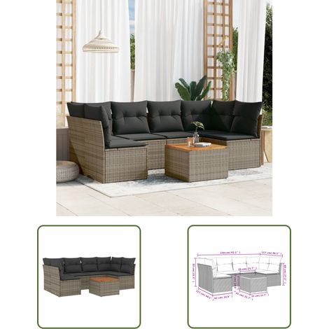 The Living Store 7-tlg. Garten-Sofagarnitur mit Kissen Grau Poly Rattan - Gartensortiment - Outdoor Möbel - Lounge Set - Gartenlounge - Rattan Sessel