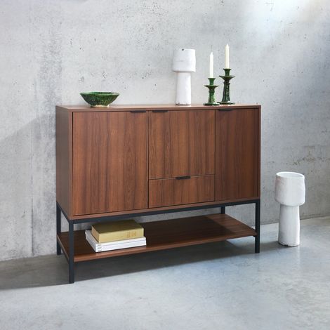 Credenza effetto legno tinto noce e metallo a 3 ante, 110cm (1/5)