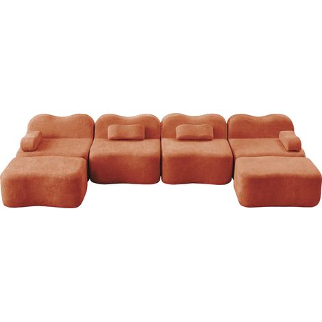 CAIziCanapé modulaire sans structure 4 places en U, avec 2 ottomans, forme ondulée, mousse haute densité 32D, coussin d’accoudoir mobile, tissu doux, pour salon, orange (1/5)