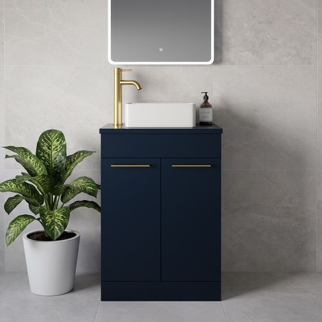 Napoli 390 Deep Blue 600mm 2 Door Vanity Unit for Countertop Basins - 600mm - Brushed Brass 160mm Handle