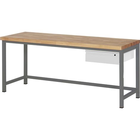 STIER Höhenverstellbare Werkbank Premium, 1 Schublade, 200x70x84-104cm, Stahl und Buche