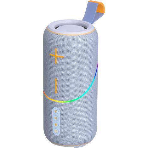 Une enceinte Bluetooth bleue portable de 20 W avec caisson de basses, son Harman Hi-Fi, lumière LED et longue autonomie — idéale pour une utilisation en extérieur.