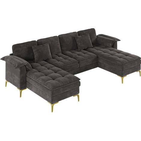 Sofá modular en U de 4 plazas en chenilla gris con 2 chaise longues (1/5)