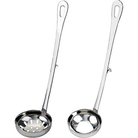 Set aus 2 Servierlöffeln aus Edelstahl mit Haken und langem Griff, Sieb für heiße Speisen und Suppen (6 cm Sieb + Suppenlöffel) (1/3)