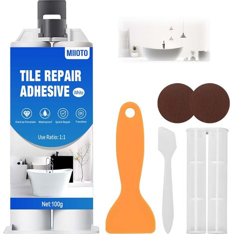 Kit de Réparation Baignoire Blanc, Carrelage Acrylique et Receveur de Douche en Résine - Pour Rayures, Trous, Fissures - 100g (1/5)