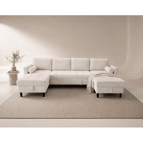 Marceau - canapé panoramique en u 7 places convertible avec 2 coffres en velours côtelé - beige