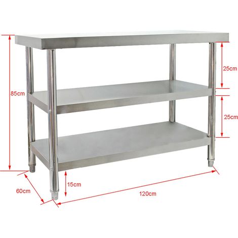 Mesa de trabajo de acero refinado 120 x 60 x 85 cm 2 estantes, patas regulables en altura 160002498
