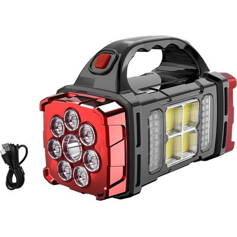 Lampe torche LED portable multifonctionnelle, alimentée par énergie solaire et rechargeable par USB, idéale pour une utilisation en extérieur.