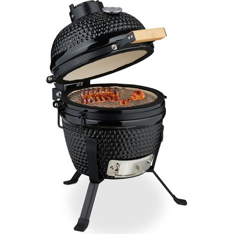 Relaxdays Kamado Grill, Ø 32 cm, Keramikgrill mit Thermometer bis 450 °C, BBQ, Grillen, Kochen & Backen, Smoker, schwarz