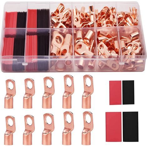 Kit de 160 bornes de fil de cuivre AWG2, 4, 6, 8, 10, 12 avec gaine thermorétractable, 80 embouts de câble de batterie, bornes à anneau, connecteurs et tubes.