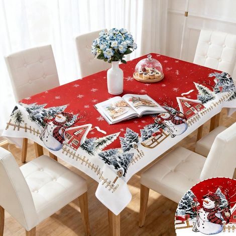 Weihnachts-Tischdecke 140x110cm Leinen abwaschbar rechteckig mit Schneemann-Motiv