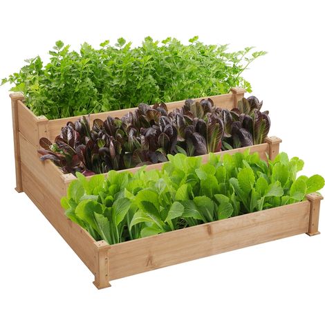 Yaheetech Carré à Plantes en Bois Carré Potager au Sol Lit de Plantation Jardinière à 3 Etages en Bois de Sapin Inoffensif pour Balcon Serre Terrasse Cour 120 x 120 x 56 cm Brun clair