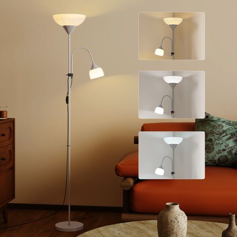 LED Floor Lamp for Living Room, 180cm Tall Standing Lamp, Mother and Child Uplighter with Adjustable Gooseneck, 3000K/4500K/6500K Colour Temperatures, Silver Tone