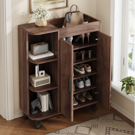 Meuble à chaussures 80x32x99 cm noyer en panneaux de particules avec étagères ouvertes et double porte (1/5)