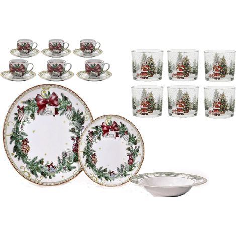 Servizio di piatti completo di Bicchieri e Tazzine per 6 posti Tavola di natale con Motivi Natalizi ghirlanda fiocco rosso agrifoglio pigne palline addobbi idea Regalo (1/5)